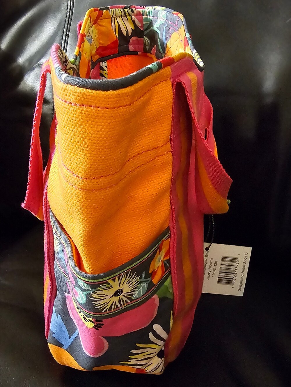 Vera Bradley Hot Pink & Orange Canvas Tote with Floral Trim NWT - Picture 13 of 16